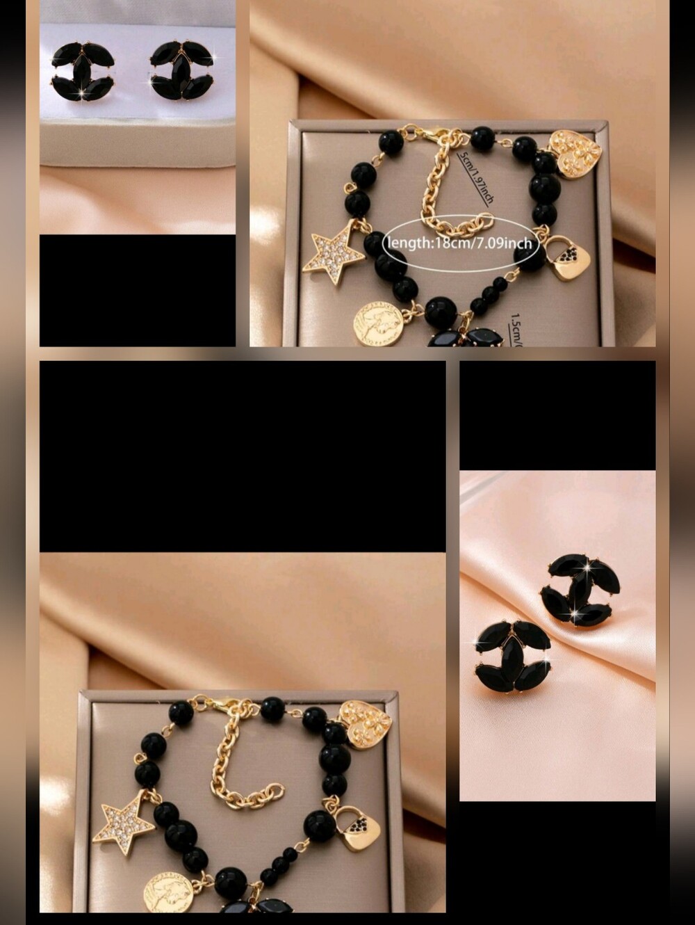 Fashion nspired Black Crystal Stud Earrings and Charm Bracelet Set - Picture 5 of 12